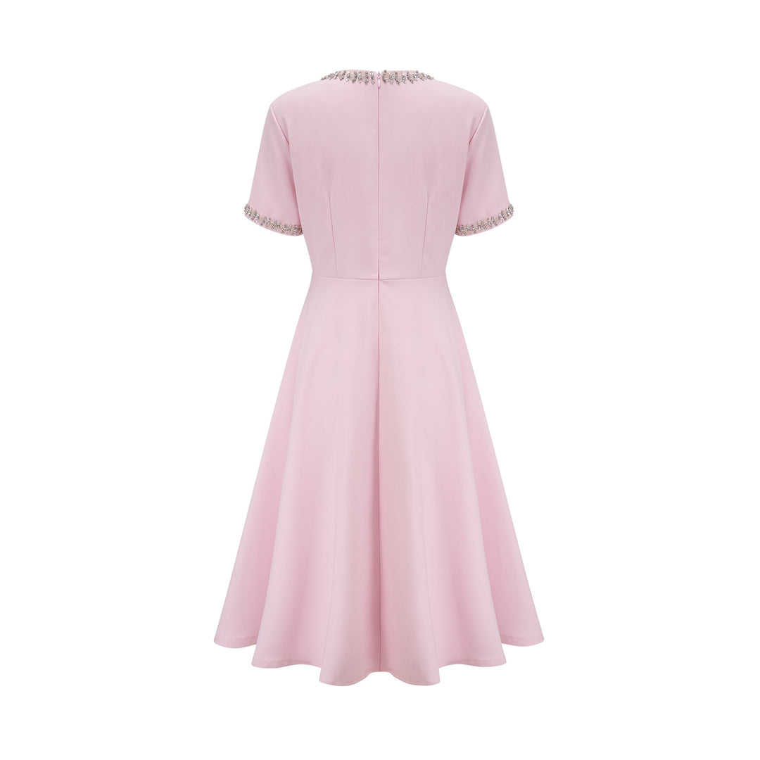 Avellia Cassiopeia Blush Crystal Bow Midi Dress