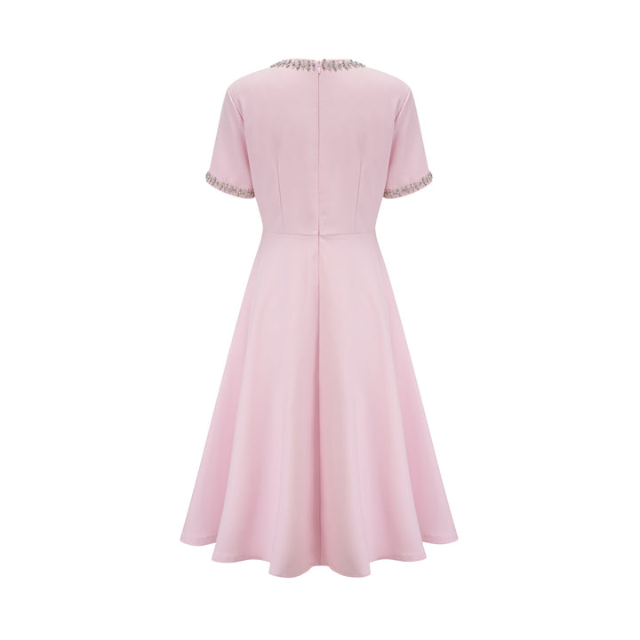 Avellia Cassiopeia Blush Crystal Bow Midi Dress