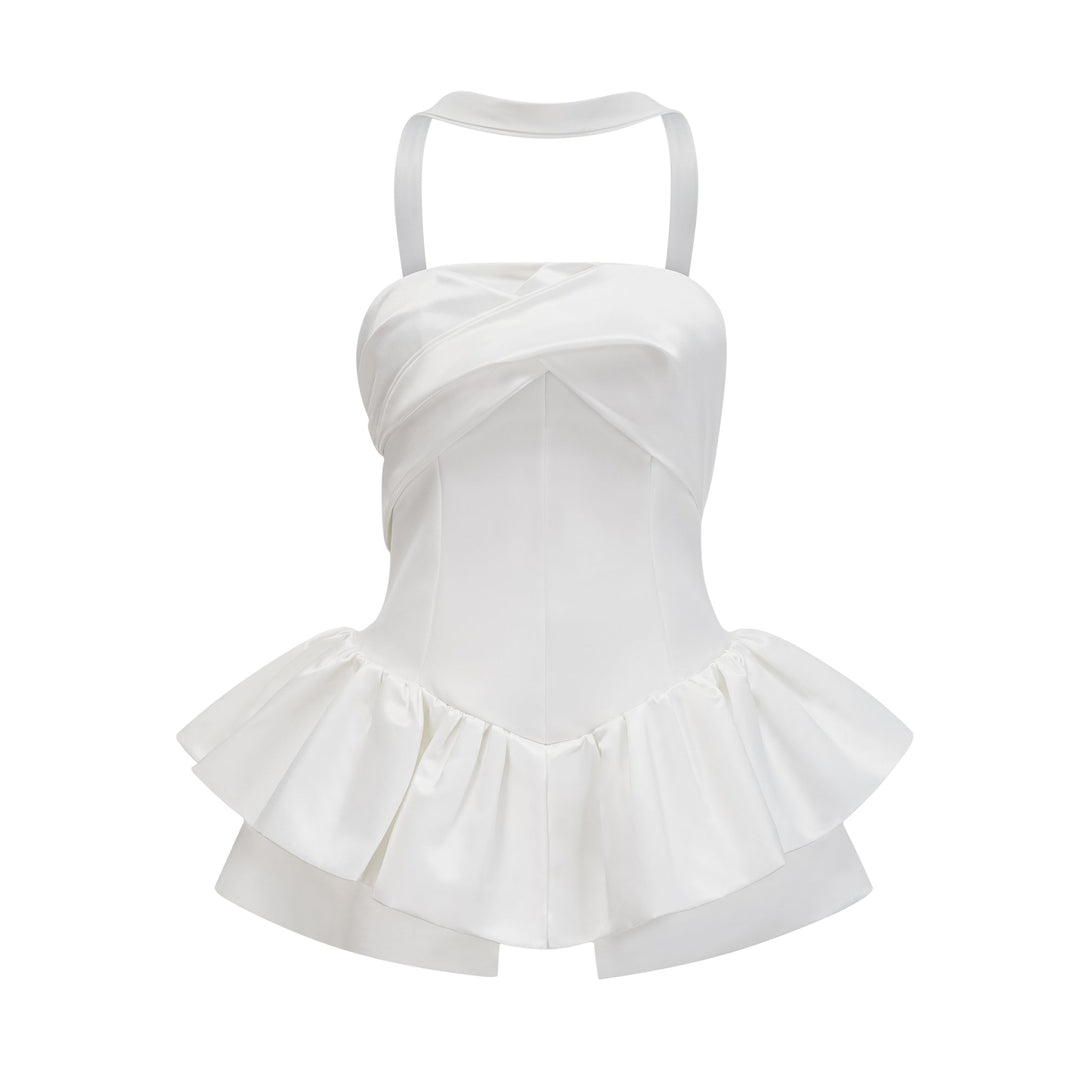 Avellia Celeste White Halterneck Ruffled Mini Dress