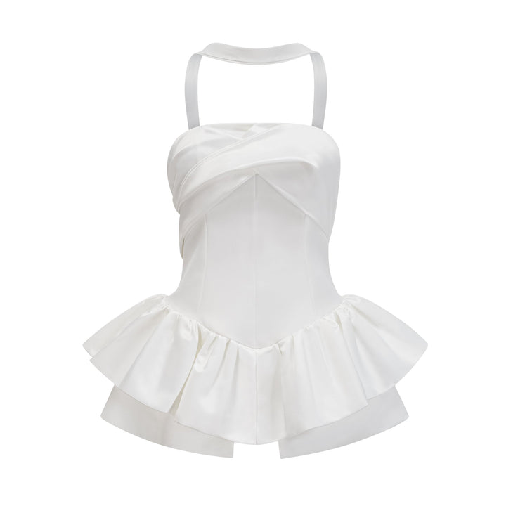 Avellia Celeste White Halterneck Ruffled Mini Dress