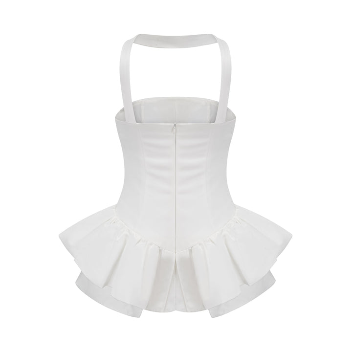 Avellia Celeste White Halterneck Ruffled Mini Dress