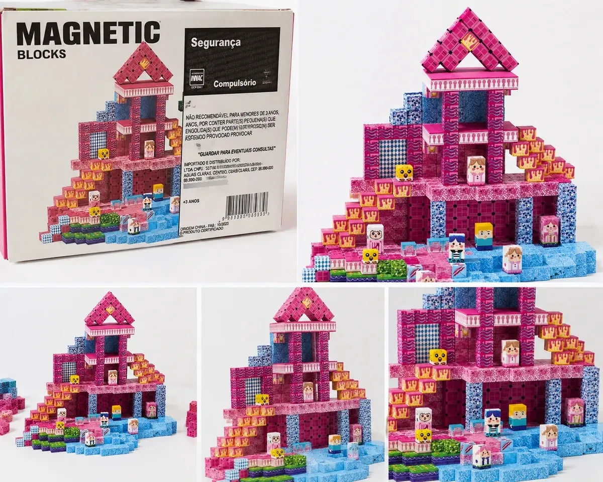 Blocos Magnéticos Castelo Rosa com Personagens – 100 Peças