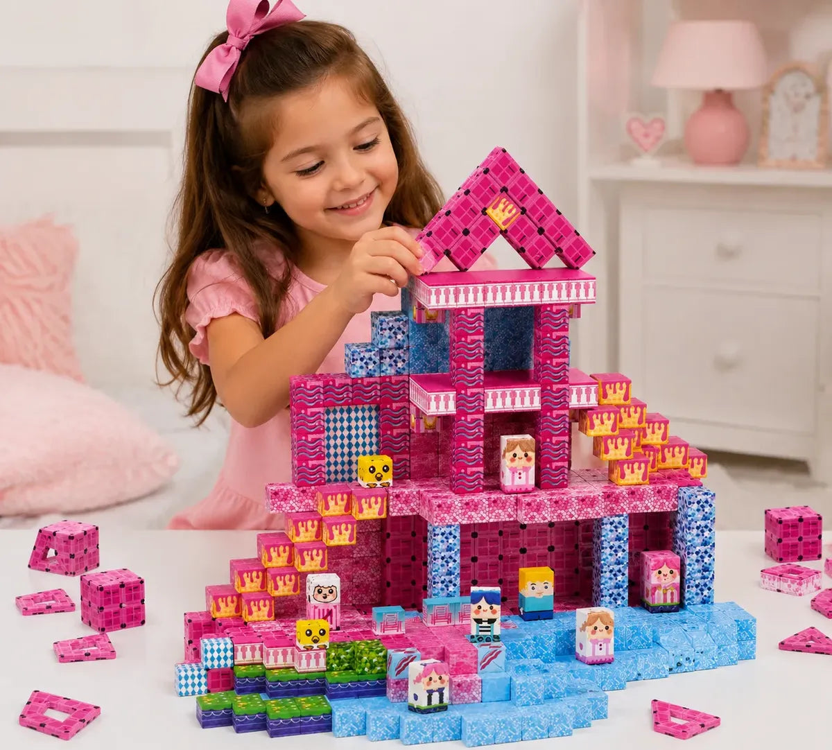 Blocos Magnéticos Castelo Rosa com Personagens – 100 Peças