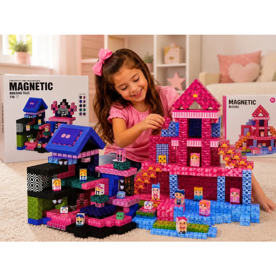 Blocos Magnéticos Castelo Rosa com Personagens – 100 Peças