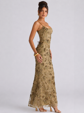Vestido Longo Corset Bordado com Paetês Lumière