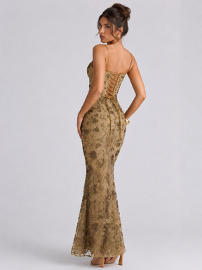 Vestido Longo Corset Bordado com Paetês Lumière