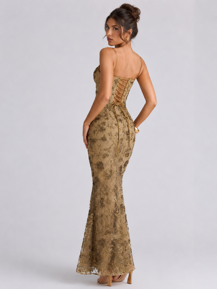 Vestido Longo Corset Bordado com Paetês Lumière