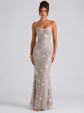 Vestido Longo Corset Bordado com Paetês Lumière