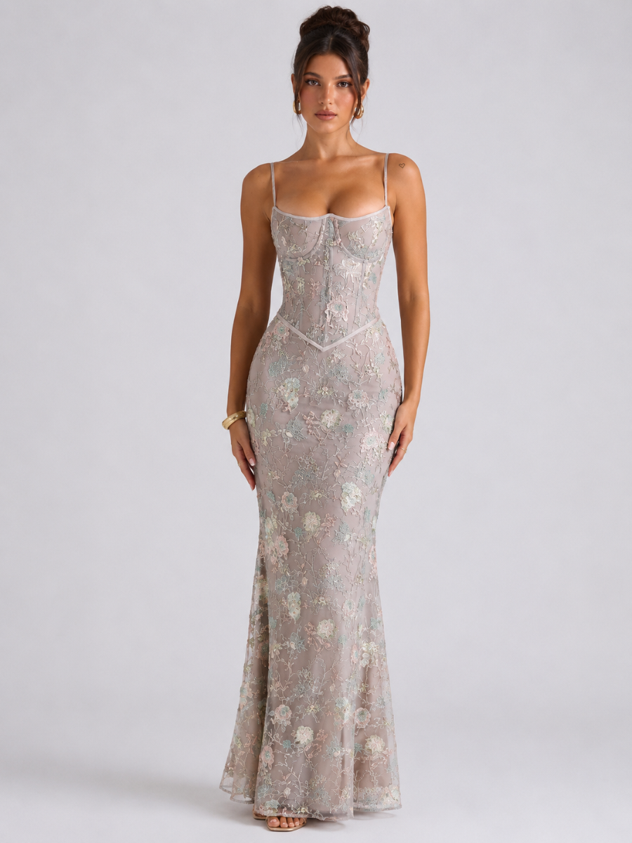 Vestido Longo Corset Bordado com Paetês Lumière