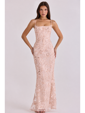 Vestido Longo Corset Bordado com Paetês Lumière