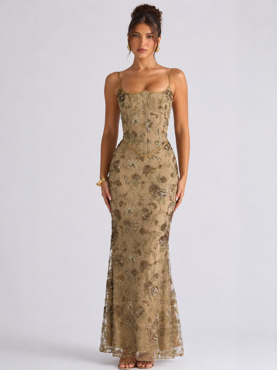 Vestido Longo Corset Bordado com Paetês Lumière