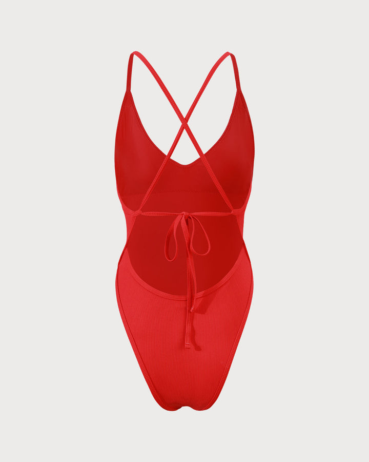 Red Ribbed Cross Back One Piece Swimwear