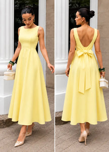 Vestido Longo com Decote Canoa e Laço nas Costas | Evelinne