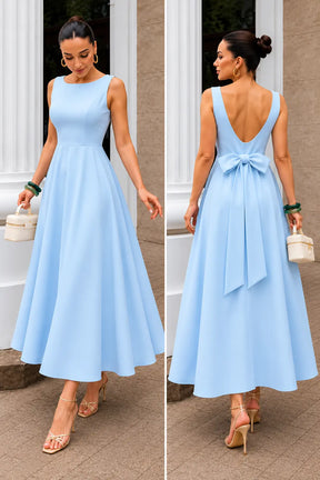 Vestido Longo com Decote Canoa e Laço nas Costas | Evelinne