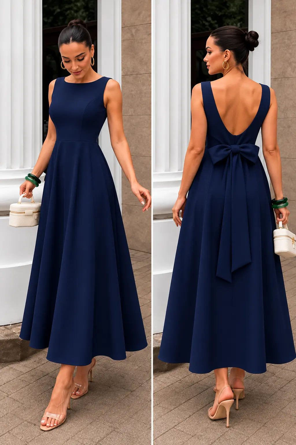 Vestido Longo com Decote Canoa e Laço nas Costas | Evelinne