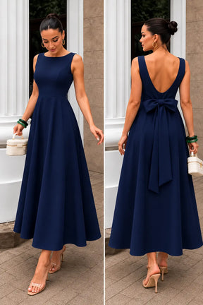 Vestido Longo com Decote Canoa e Laço nas Costas | Evelinne