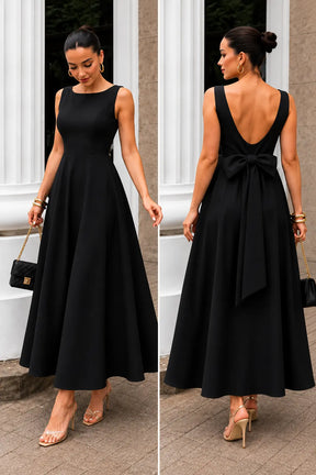 Vestido Longo com Decote Canoa e Laço nas Costas | Evelinne