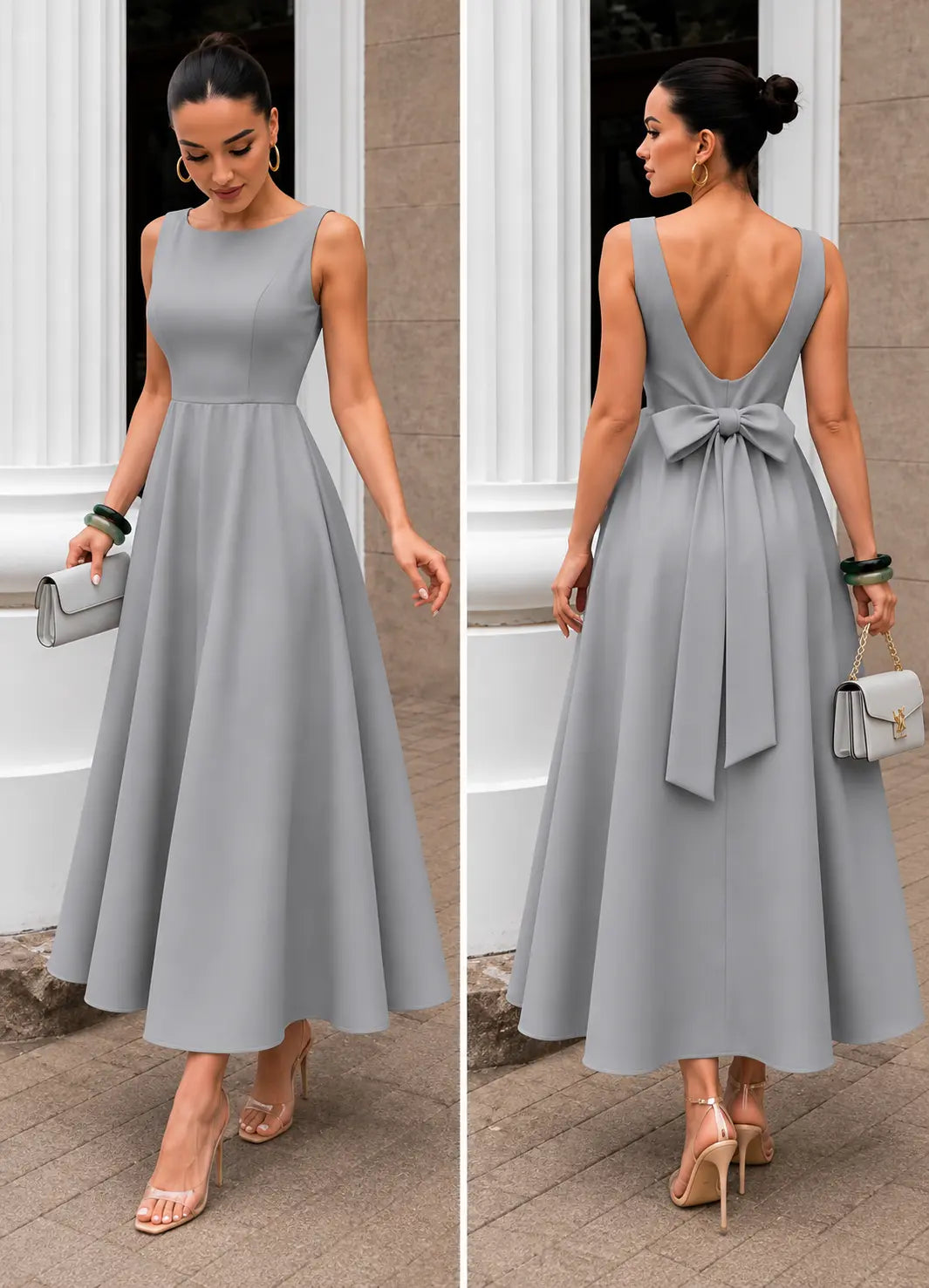 Vestido Longo com Decote Canoa e Laço nas Costas | Evelinne