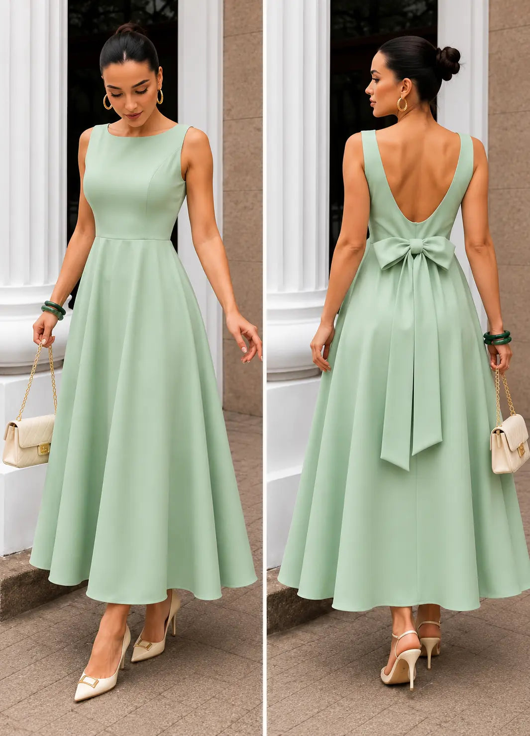 Vestido Longo com Decote Canoa e Laço nas Costas | Evelinne