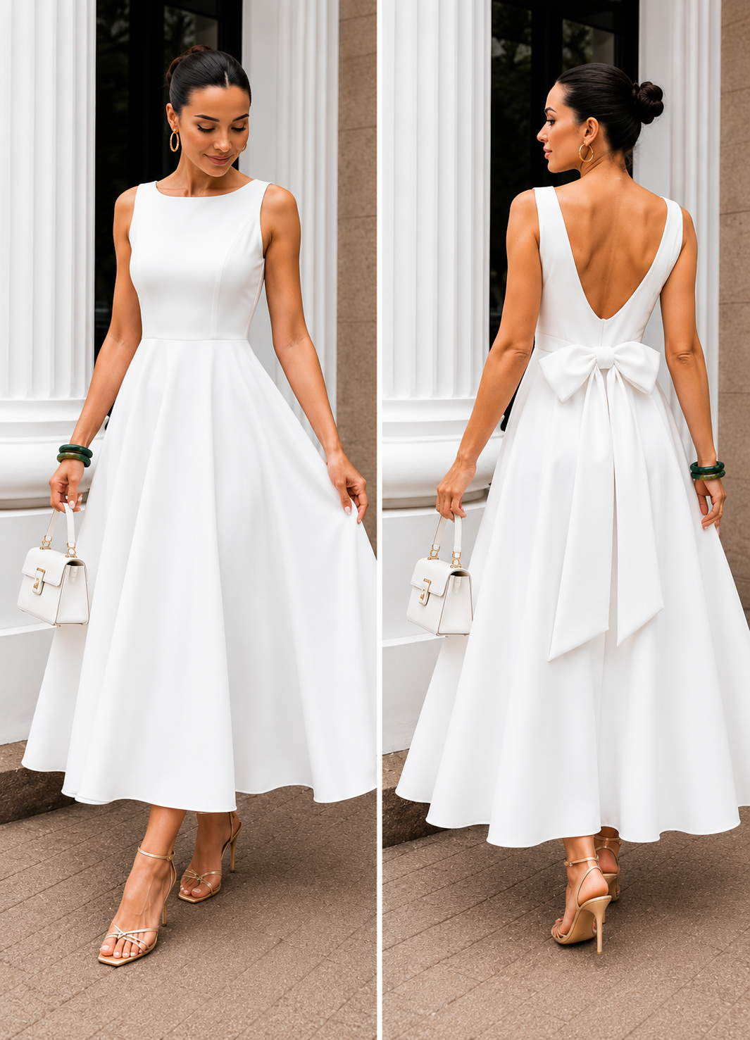 Vestido Longo com Decote Canoa e Laço nas Costas | Evelinne