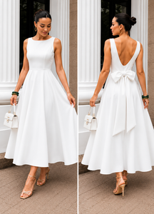 Vestido Longo com Decote Canoa e Laço nas Costas | Evelinne