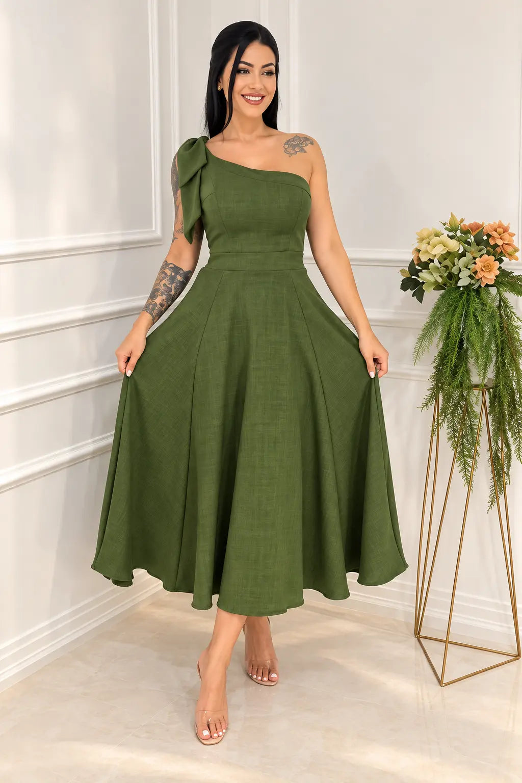 Vestido Midi com Alças de Laço e Bojo | Evelinne
