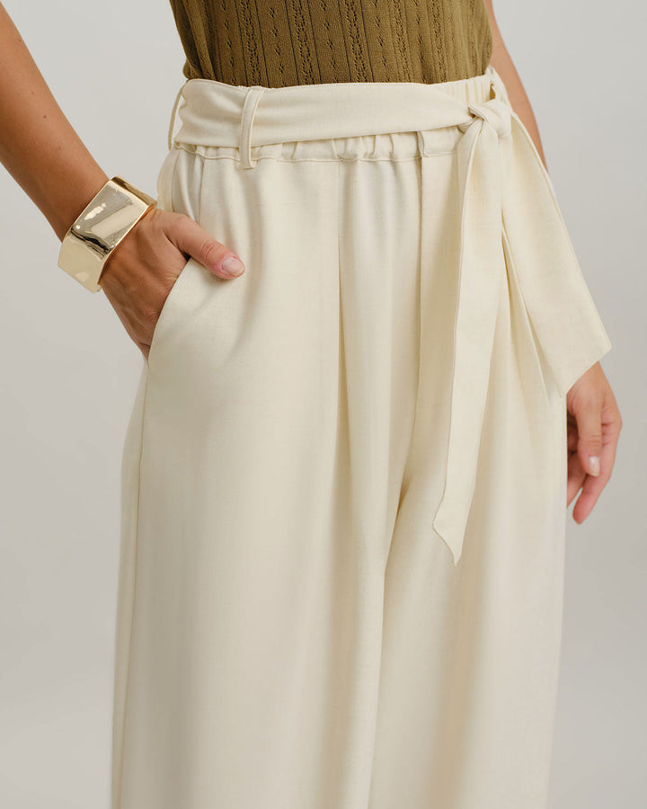 Beige High Waisted Belt Straight Pants