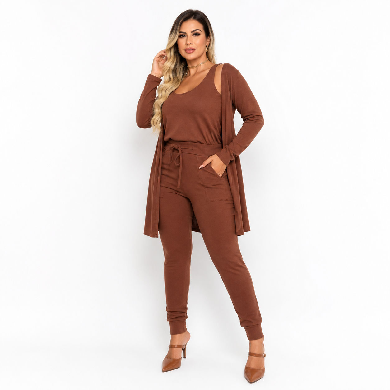 CONJUNTO FEMININO - 3 PEÇAS REGATA CARDIGAN E CALÇA - LANZINHA