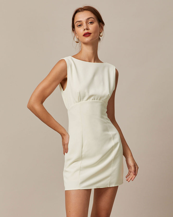 The Beige Boat Neck Back Bowknot Mini Dress