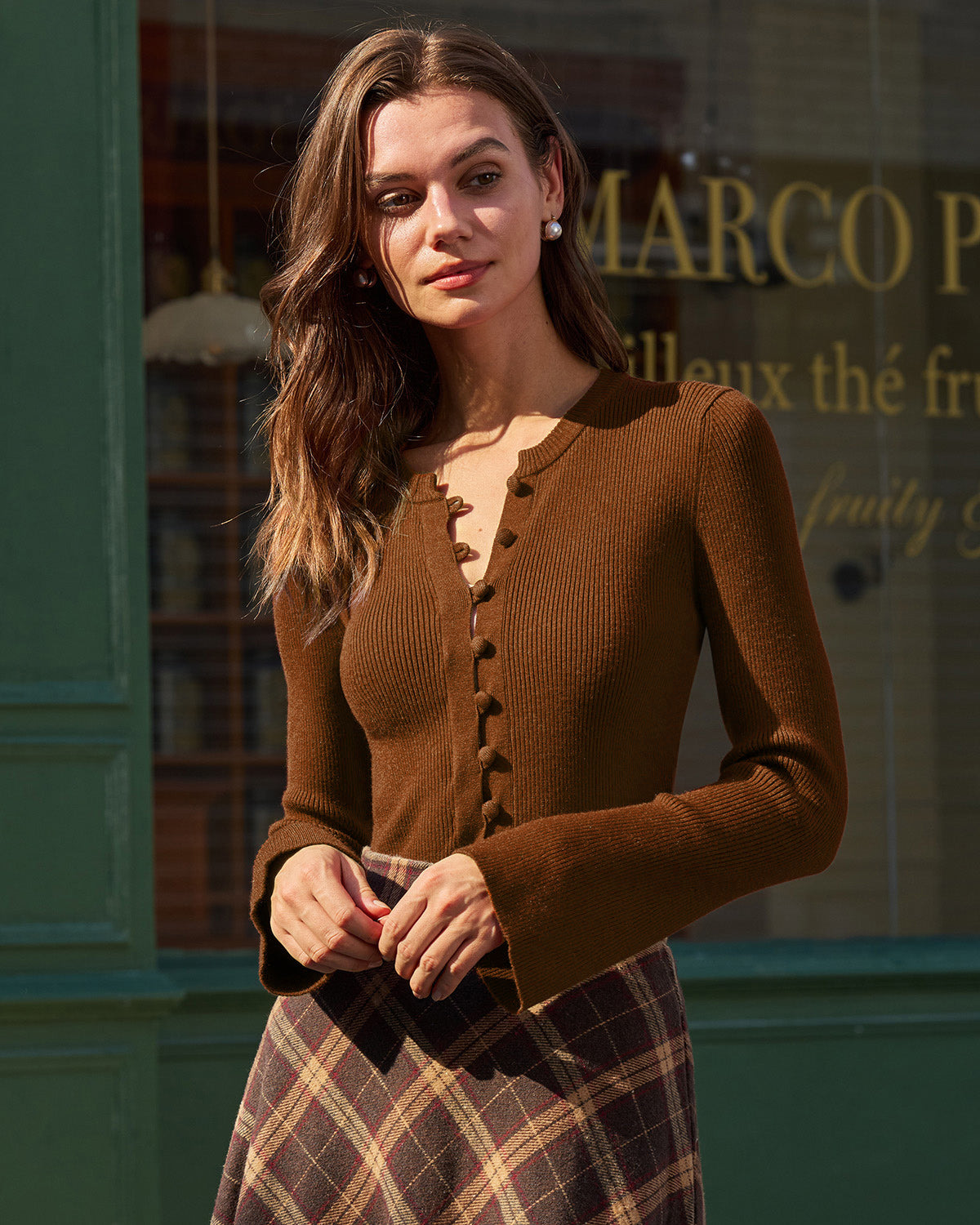 Brown Bell Sleeve Button Sweater