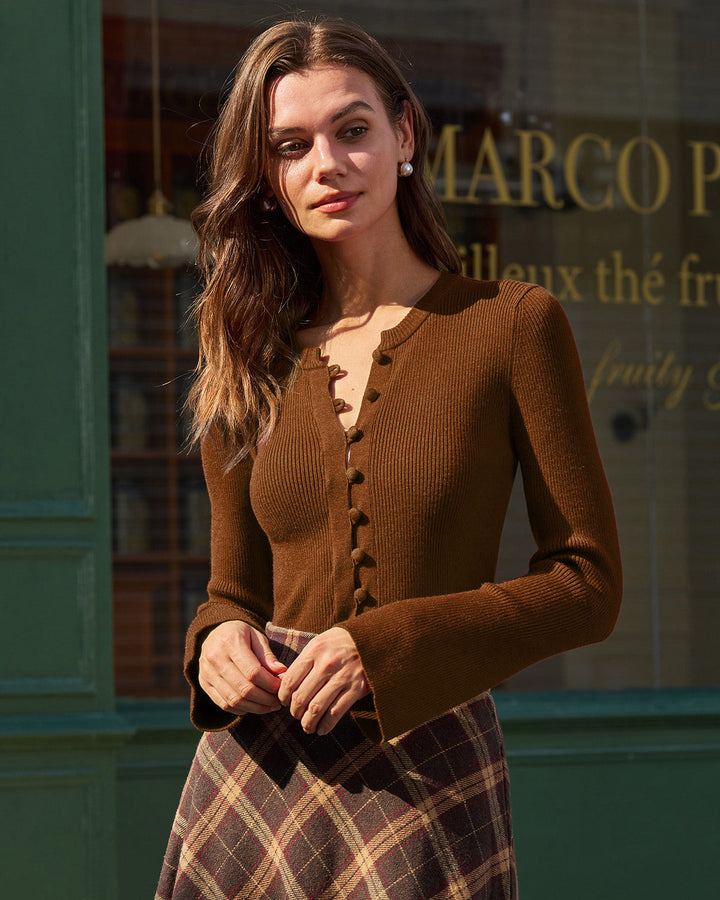 Brown Bell Sleeve Button Sweater