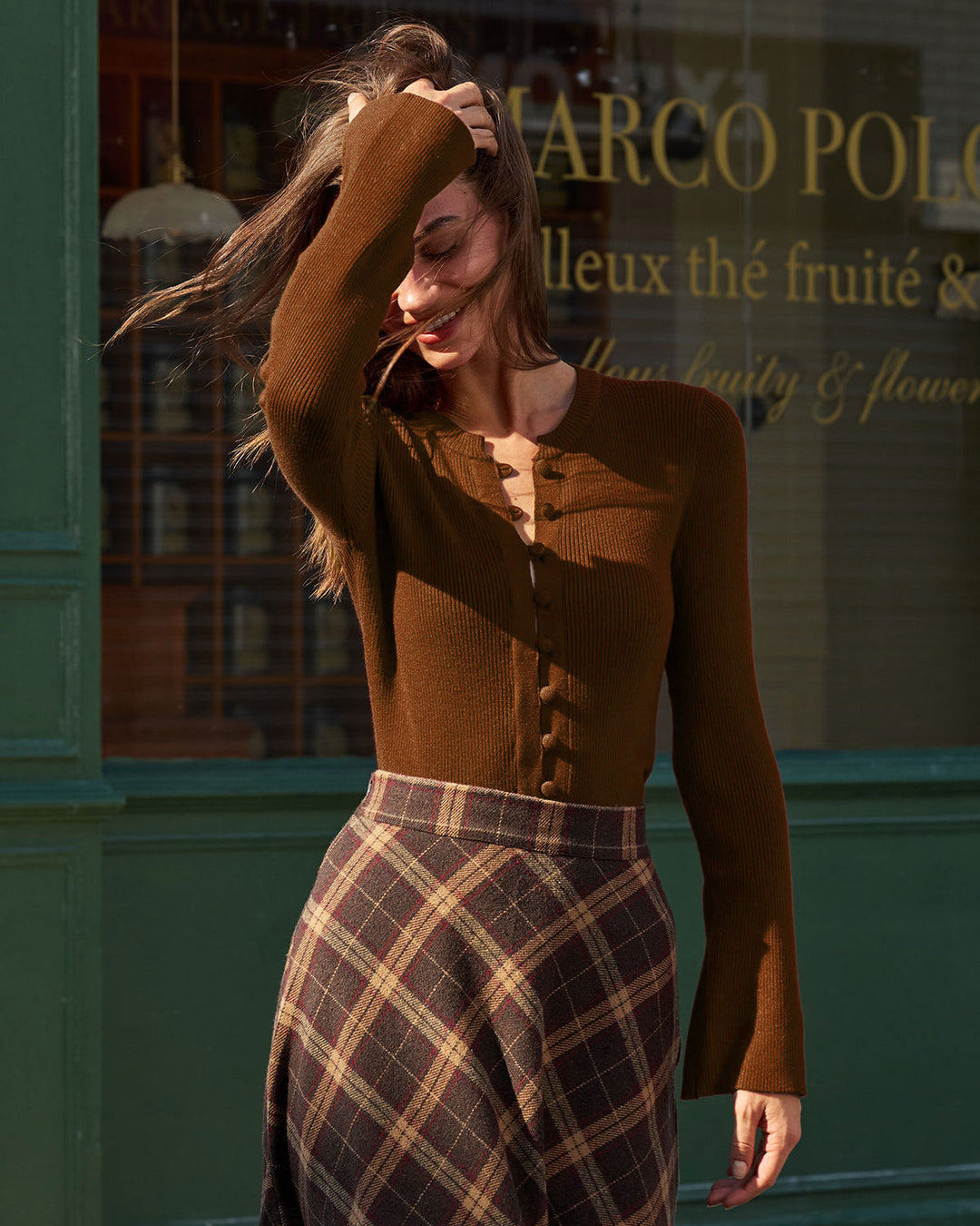 Brown Bell Sleeve Button Sweater