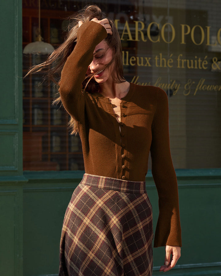 Brown Bell Sleeve Button Sweater