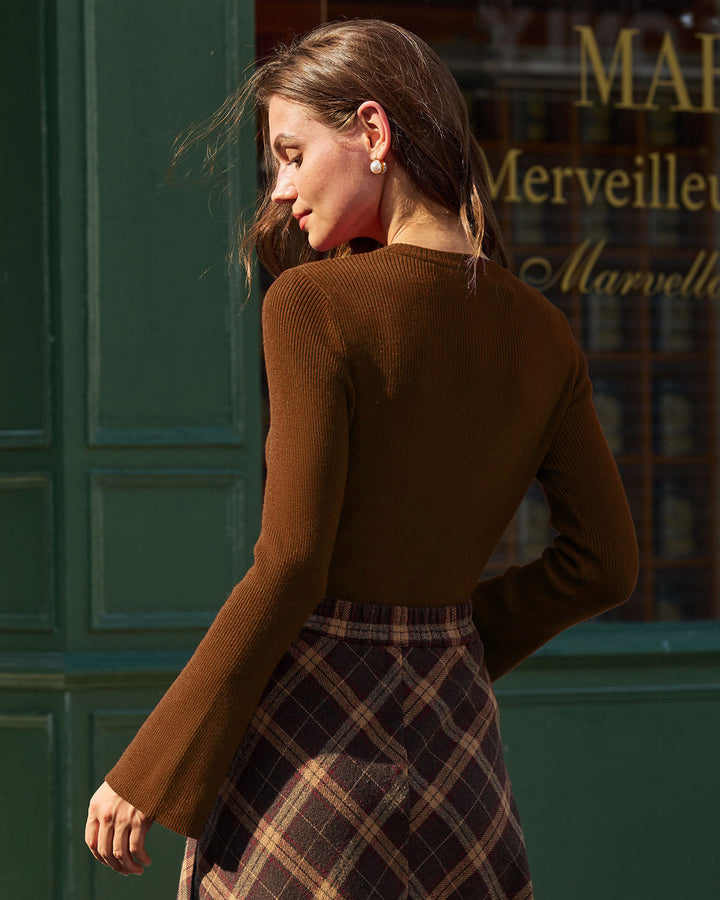 Brown Bell Sleeve Button Sweater