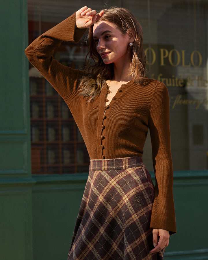 Brown Bell Sleeve Button Sweater