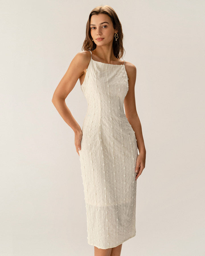 Beige Textured Beaded Slip Midi Dress