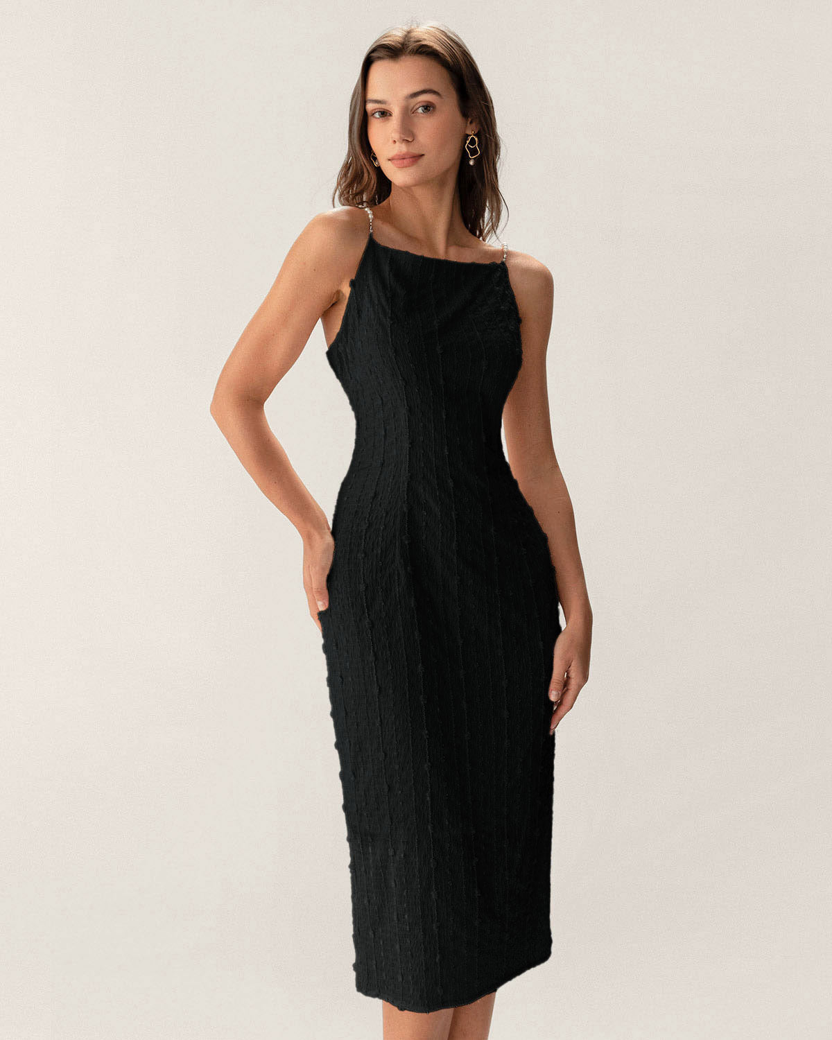 Black Textured Bodycon Beaded Strap Midi Dress