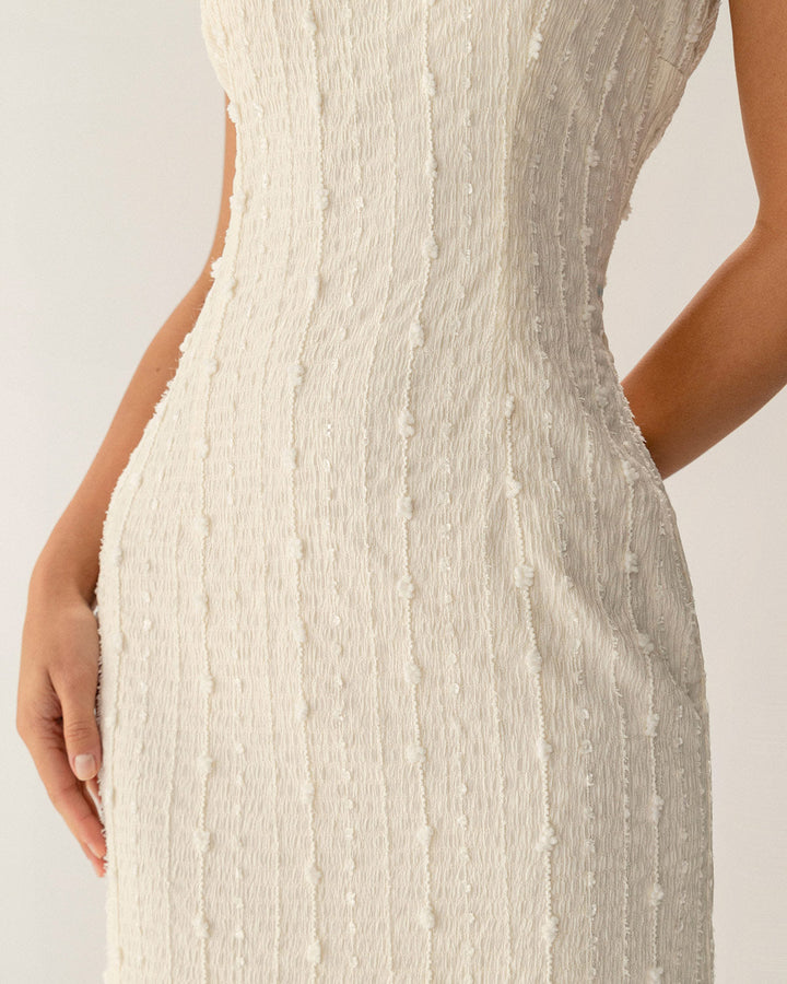 Beige Textured Beaded Slip Midi Dress