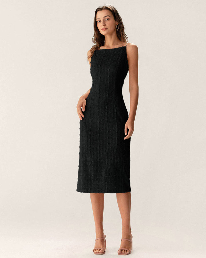 Black Textured Bodycon Beaded Strap Midi Dress