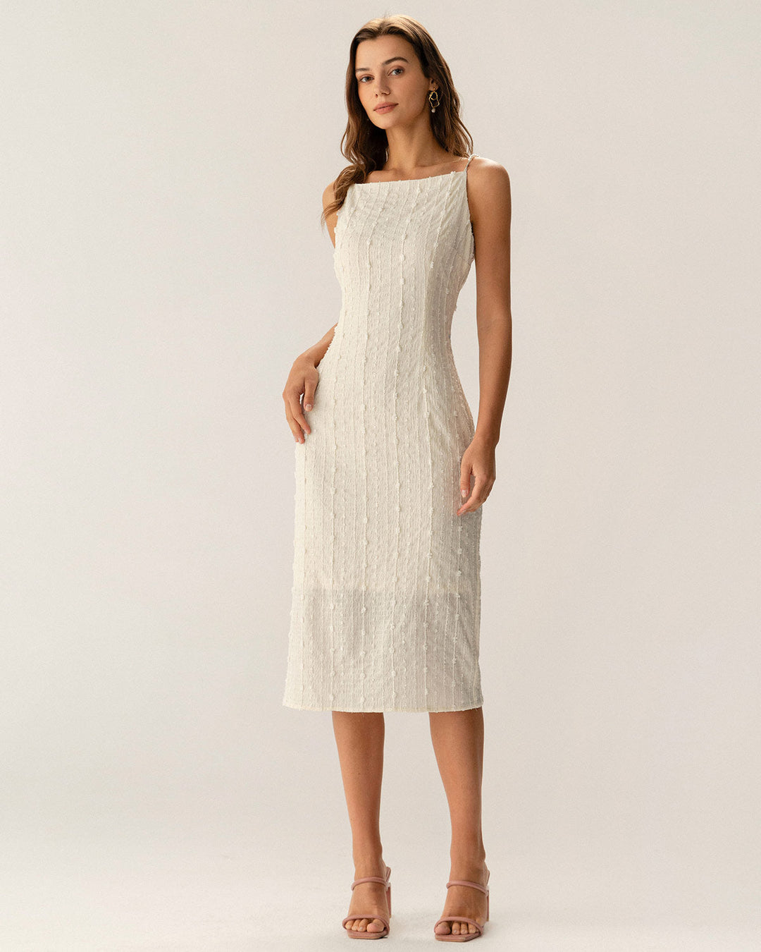 Beige Textured Beaded Slip Midi Dress