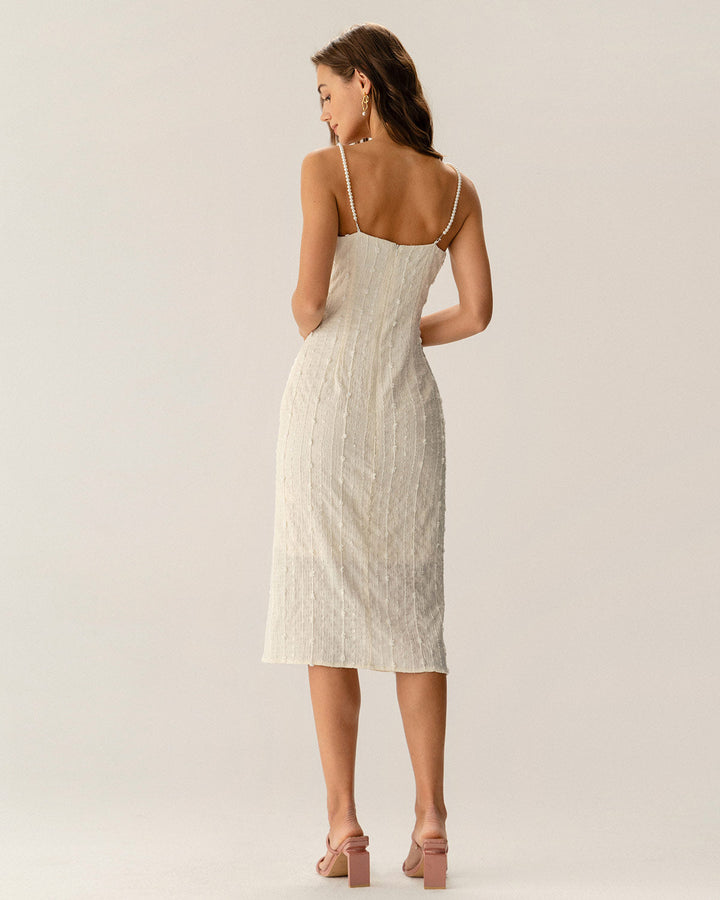 Beige Textured Beaded Slip Midi Dress