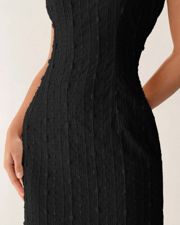 Black Textured Bodycon Beaded Strap Midi Dress