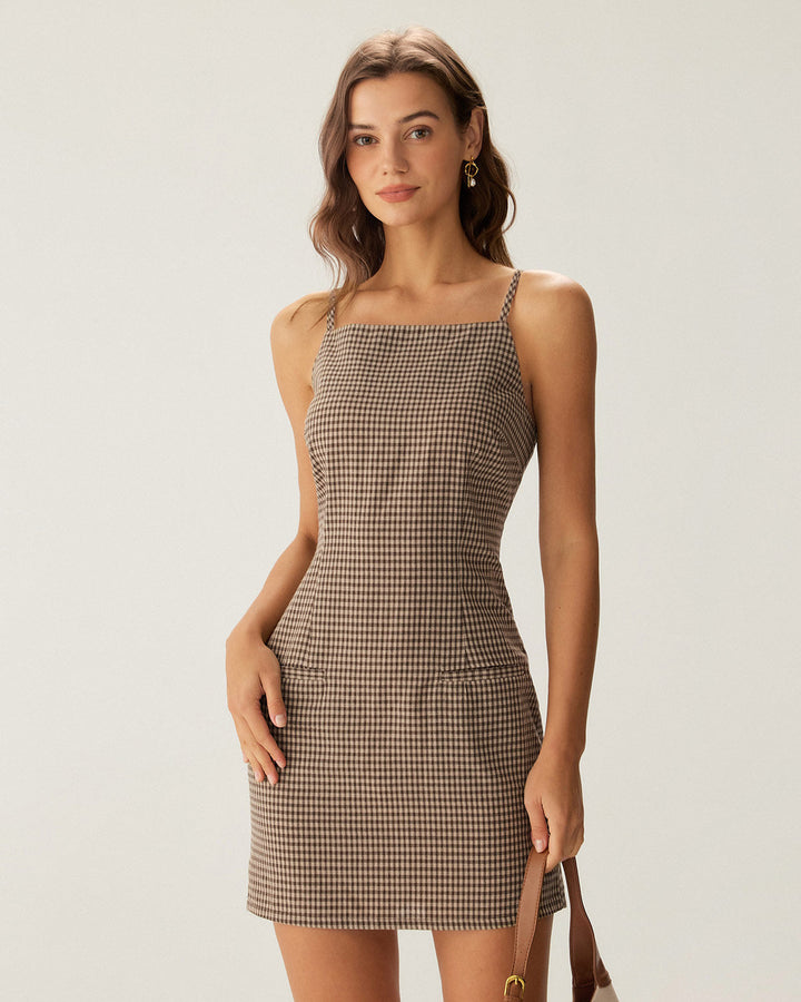 Brown Plaid Slip Mini Dress