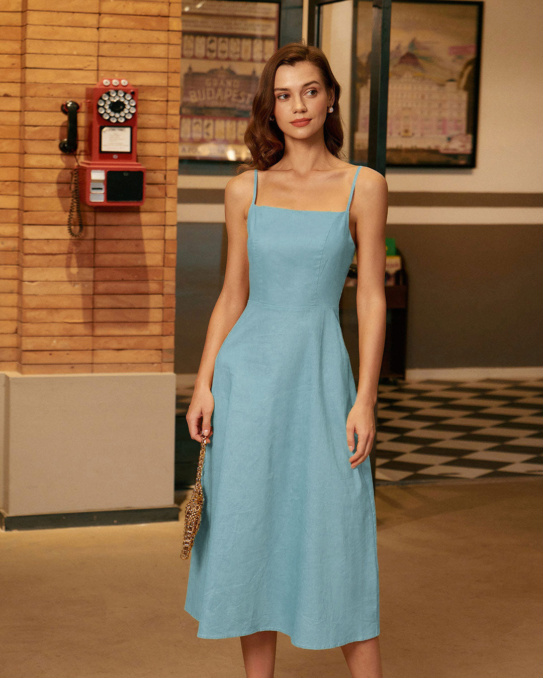 Blue Square Neck Shirred Slip Midi Dress
