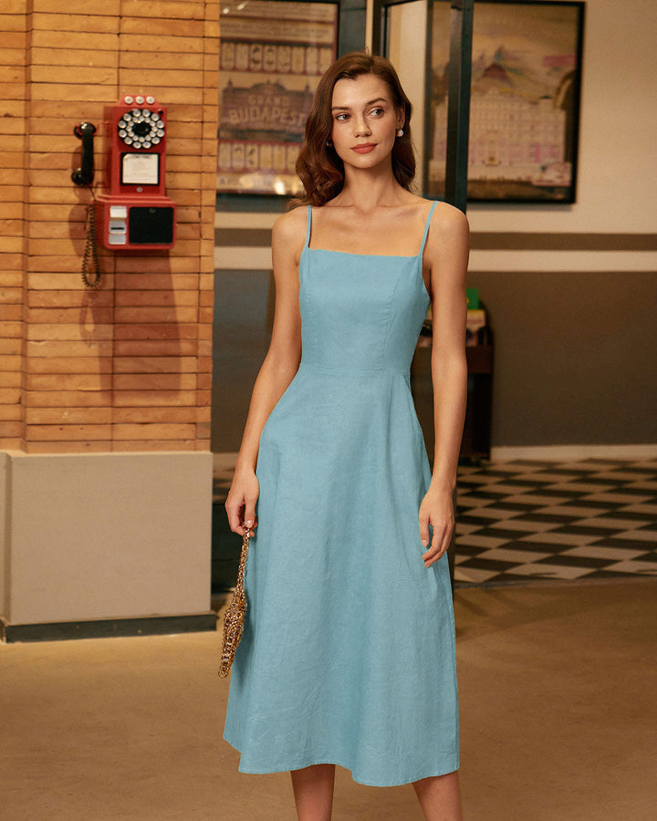 Blue Square Neck Shirred Slip Midi Dress