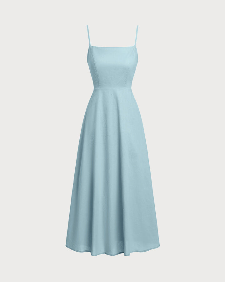 Blue Square Neck Shirred Slip Midi Dress