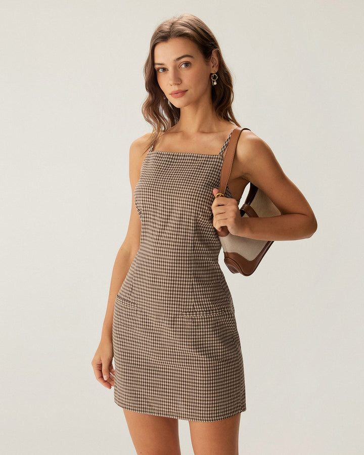Brown Plaid Slip Mini Dress