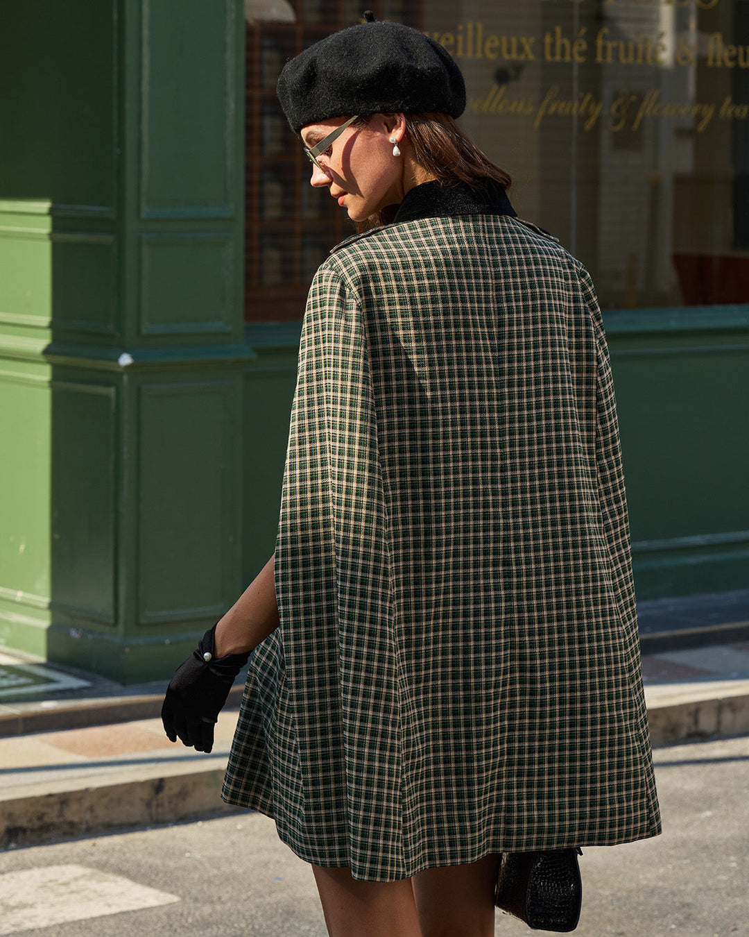 Green Plaid Cape Sleeve Coat