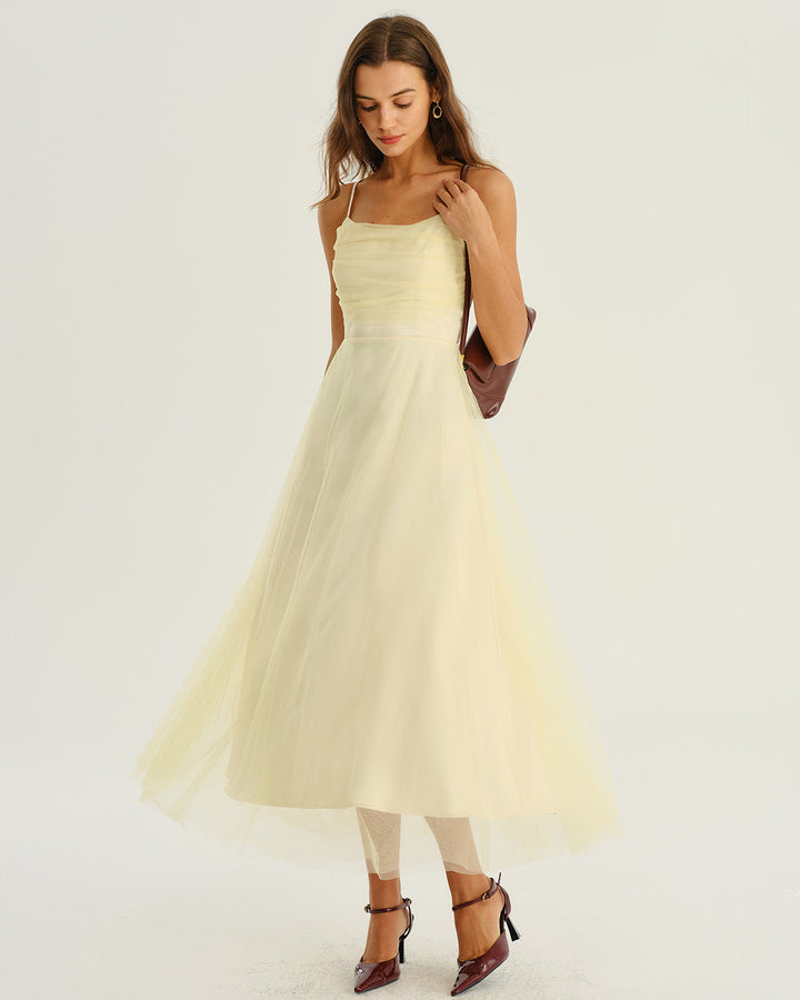 Beige Mesh Flowy Slip Midi Dress