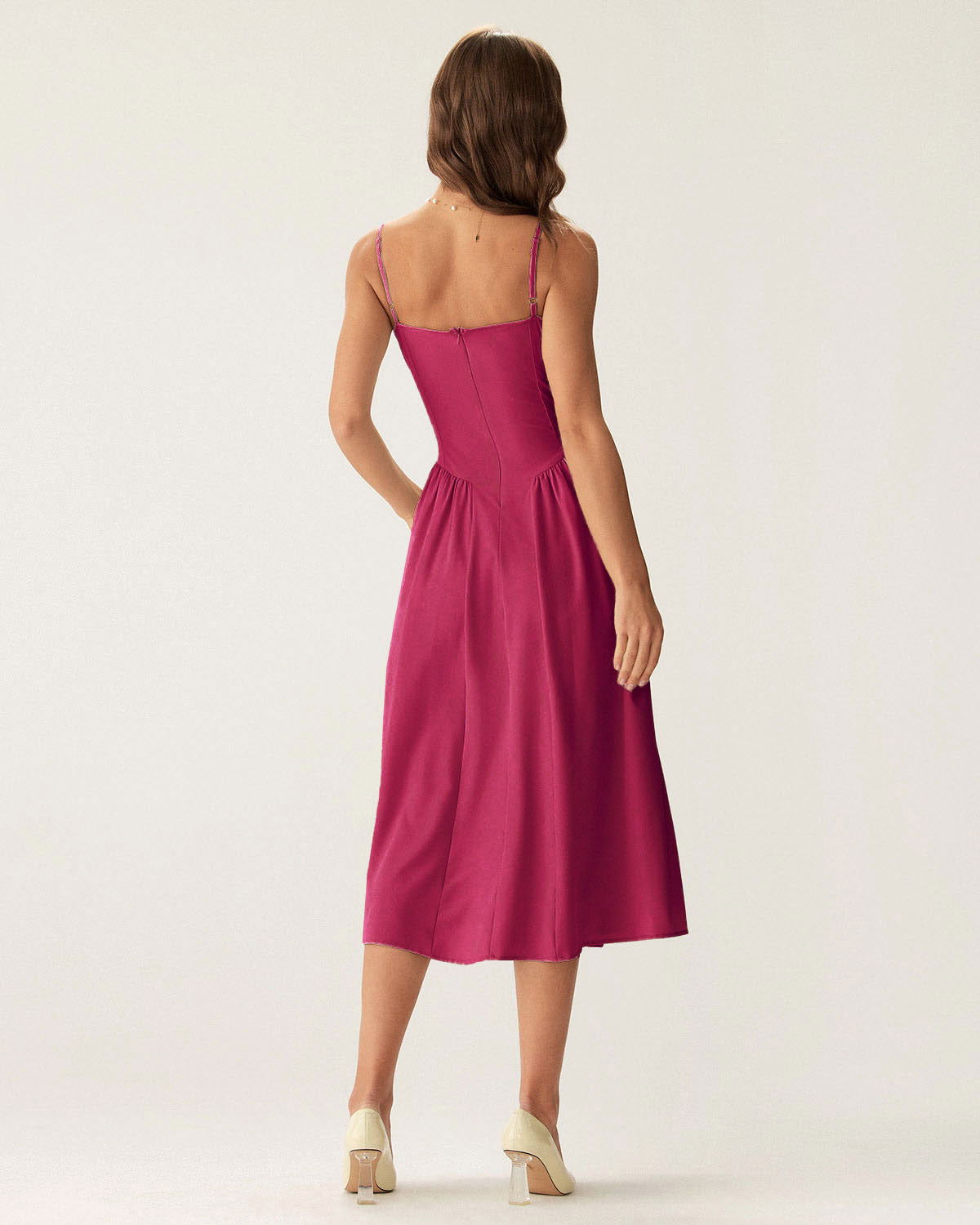 Wine Red Square Neck Pocket Slip Midi Dress